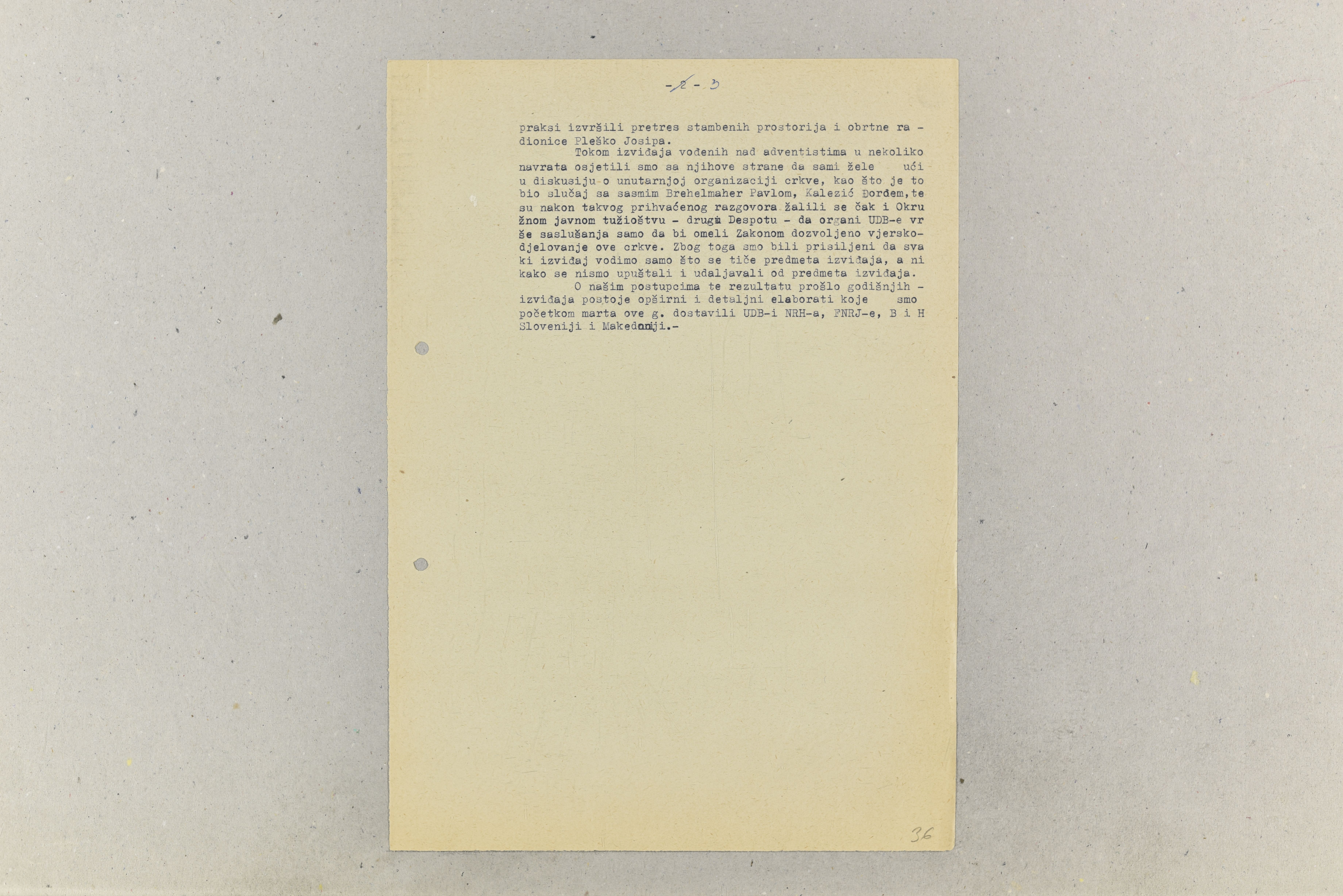 Information of the State Security Administration/Zagreb Department on a complaint from members of the Seventh-day Adventist Church, 1955. Archival document